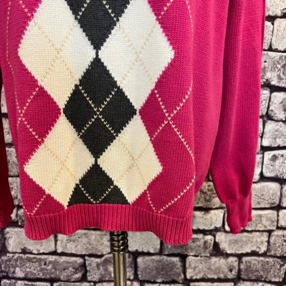 Izod Pink, White & Gray V-Neck Long Sleeve Argyle Front Pullover Sweater Size XL - Picture 3 of 9